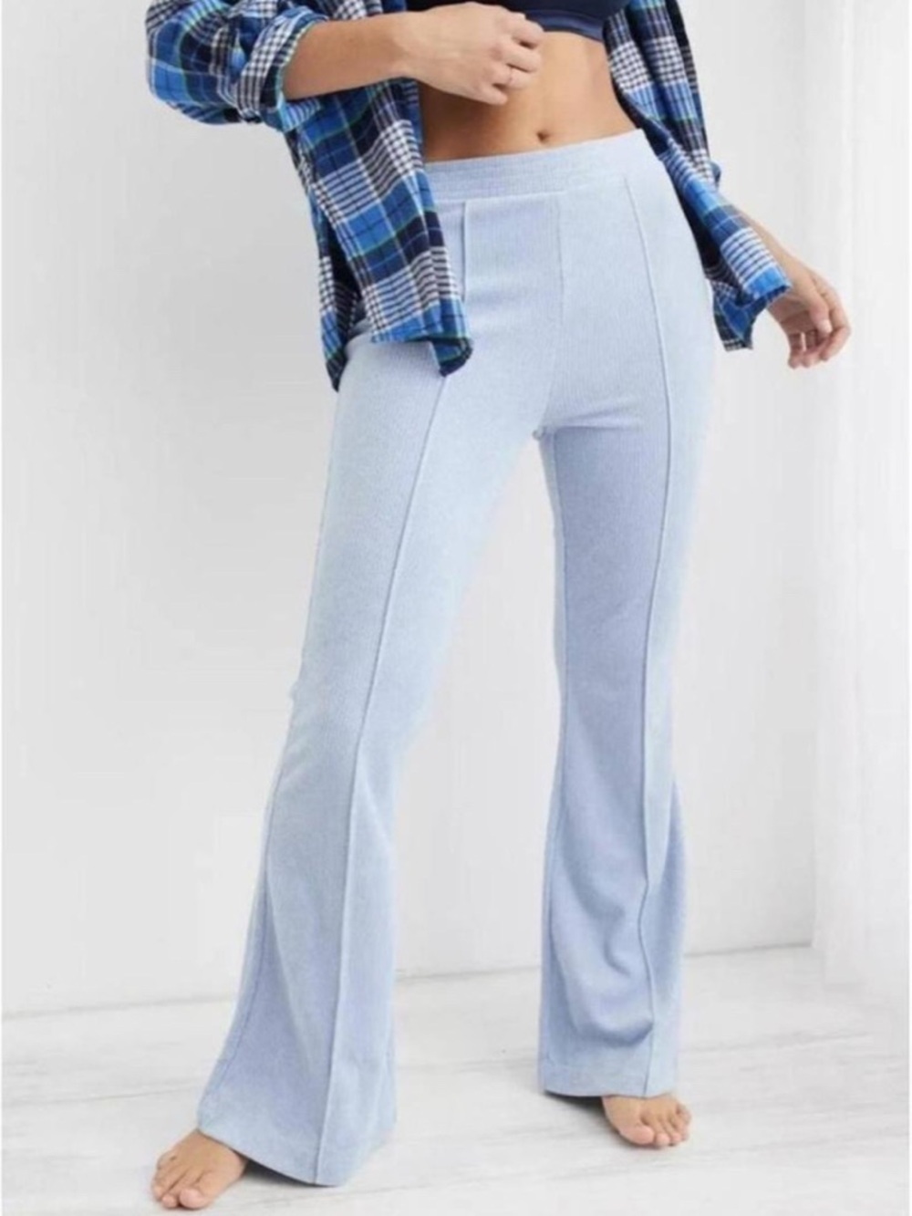 {aerie} "Groove On Flare" Short Blue High Rise Ribbed Velour Pants WAP62-74